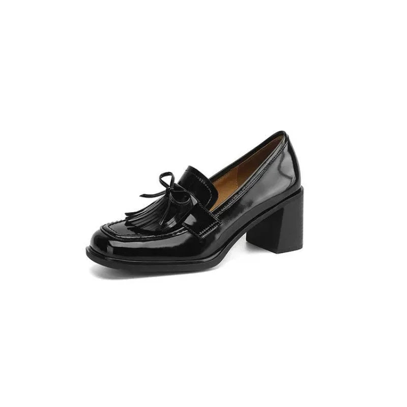 Women's patent tassel loafer block-heel round-toe pumps – Black