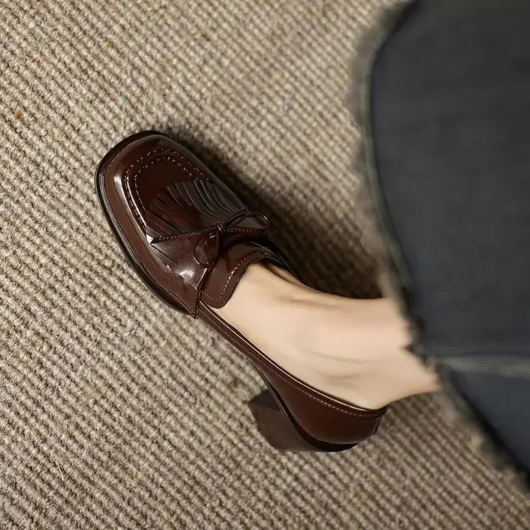 Women's patent tassel loafer block-heel round-toe pumps