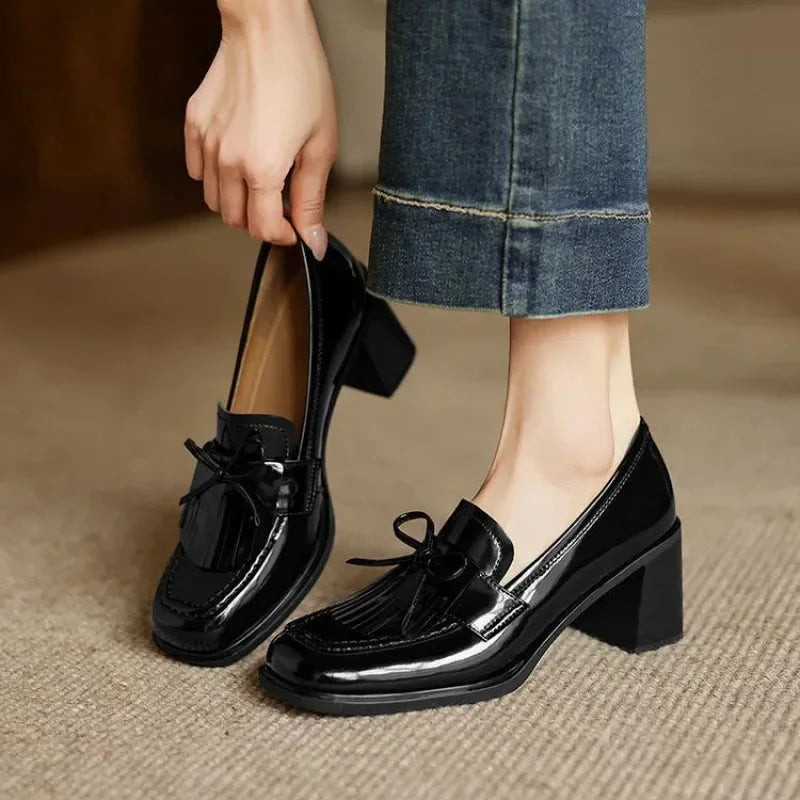 Women's patent tassel loafer block-heel round-toe pumps