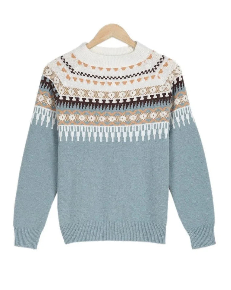 Women's patterned yoke knit sweater with long-sleeve crew-neck