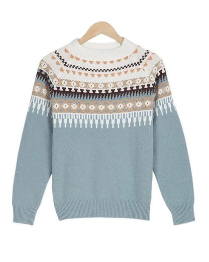 Women's patterned yoke knit sweater with long-sleeve crew-neck