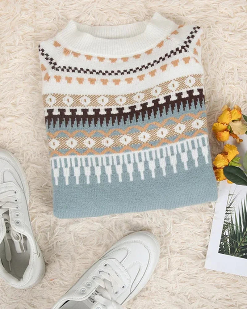 Women's patterned yoke knit sweater with long-sleeve crew-neck