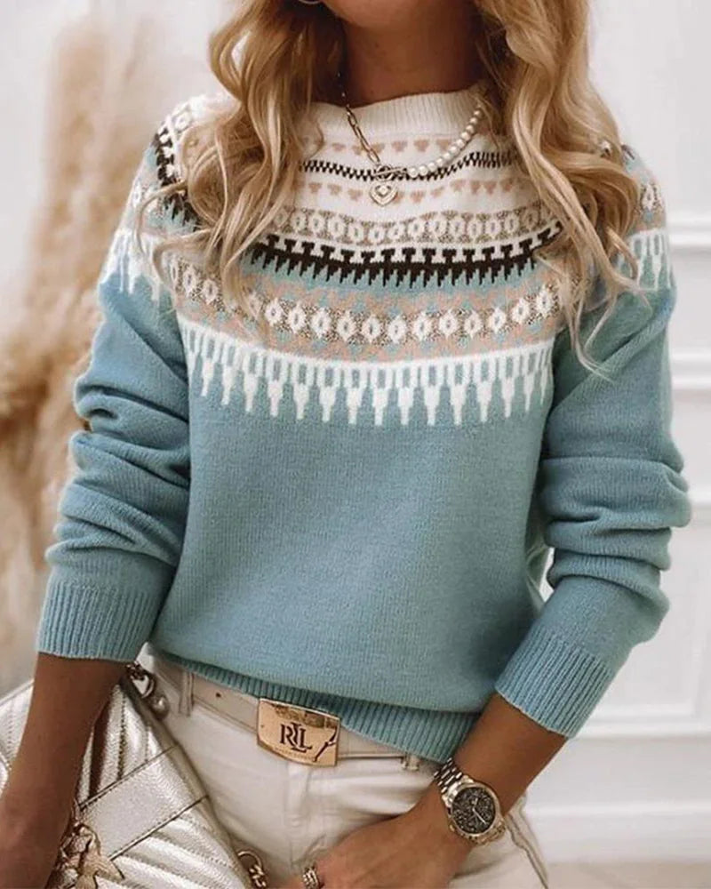 Women's patterned yoke knit sweater with long-sleeve crew-neck – Blue