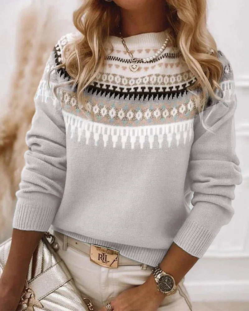 Women's patterned yoke knit sweater with long-sleeve crew-neck – Grey