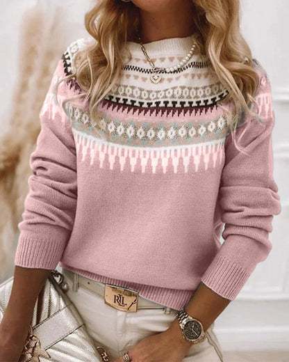 Women's patterned yoke knit sweater with long-sleeve crew-neck – Pink