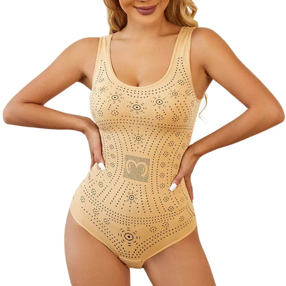 Women's perforated shaping bodysuit with scoop neck sleeveless cut – Beige