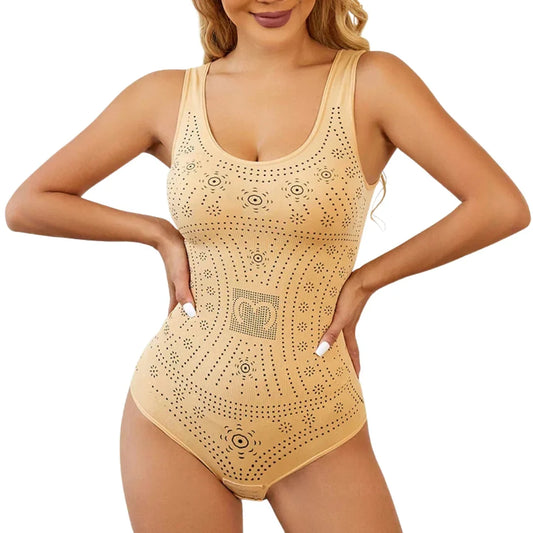 Women's perforated shaping bodysuit with scoop neck sleeveless cut – Beige