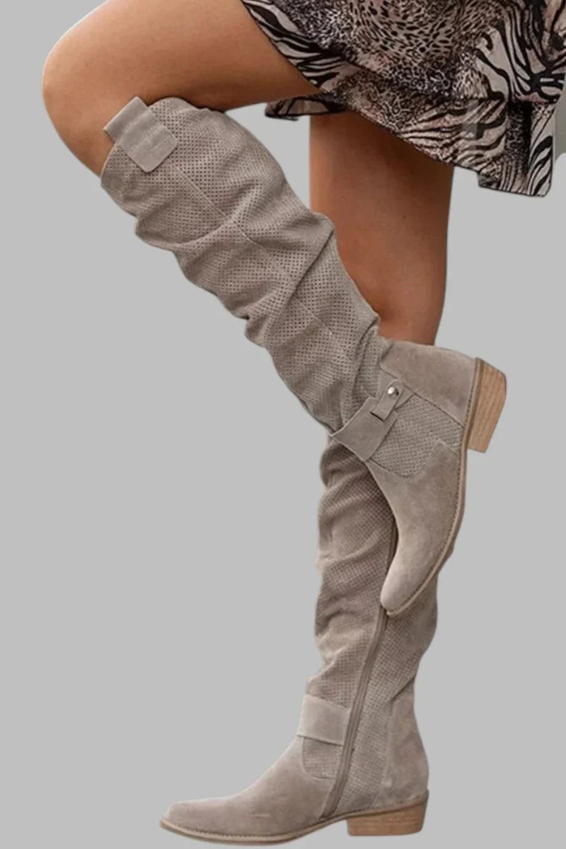 Women's perforated suede slouchy over-the-knee boots with side-zip and buckle detail – Khaki