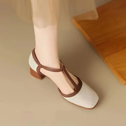 Women's perforated T-strap square-toe block-heel mid-heel pumps