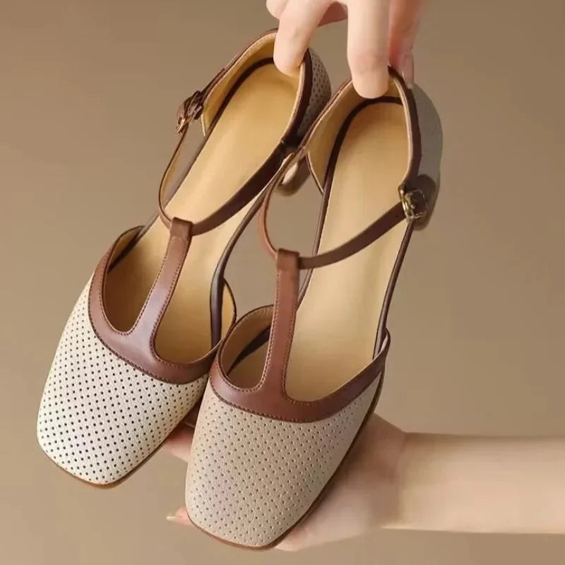 Women's perforated T-strap square-toe block-heel mid-heel pumps