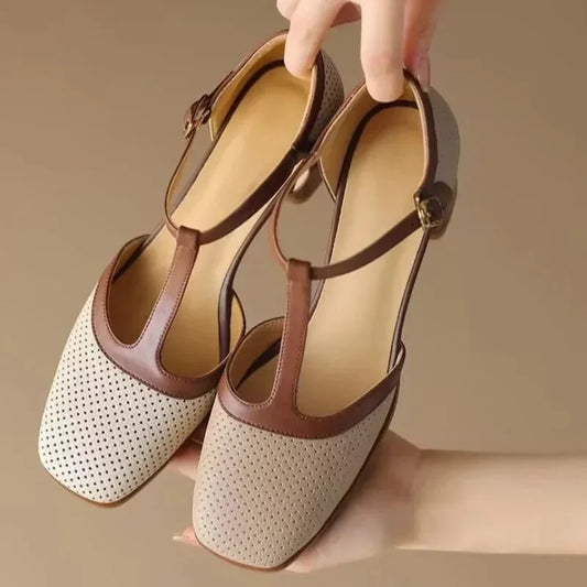 Women's perforated T-strap square-toe block-heel mid-heel pumps