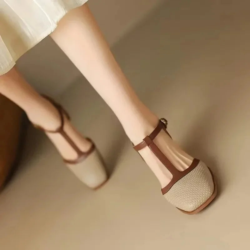 Women's perforated T-strap square-toe block-heel mid-heel pumps – Beige