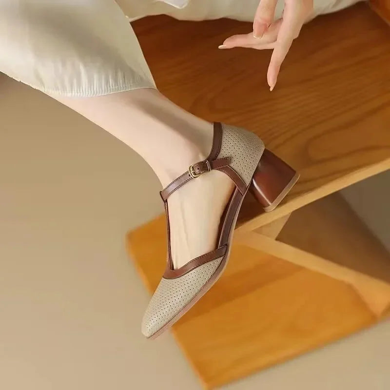 Women's perforated T-strap square-toe block-heel mid-heel pumps
