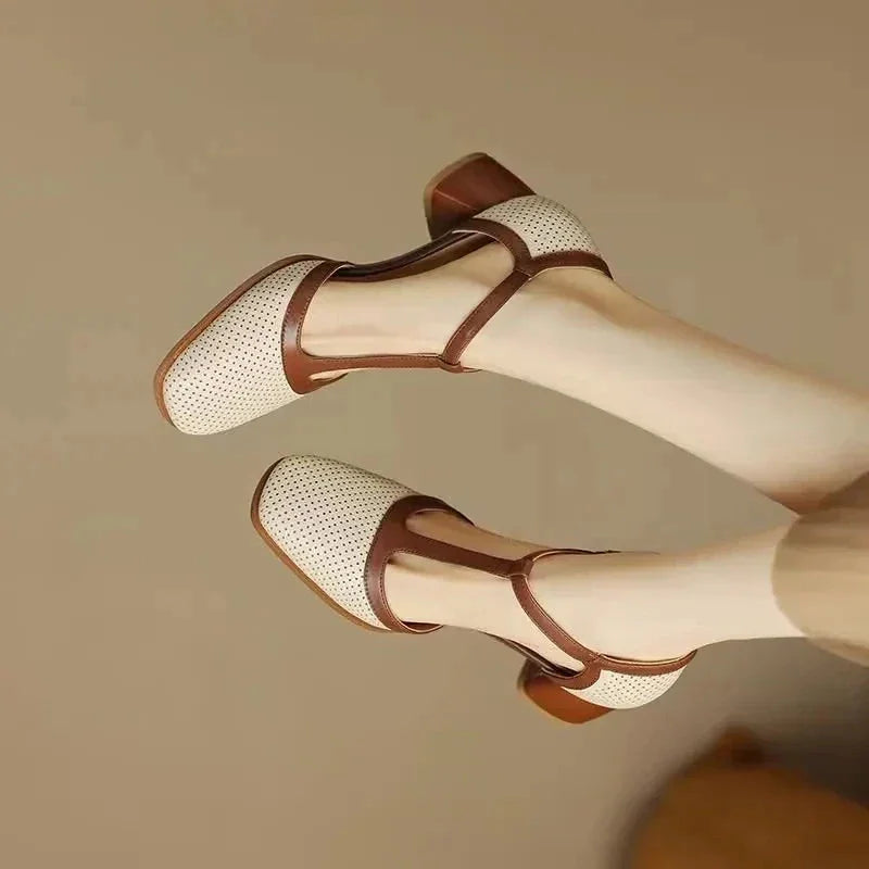 Women's perforated T-strap square-toe block-heel mid-heel pumps – Off-white
