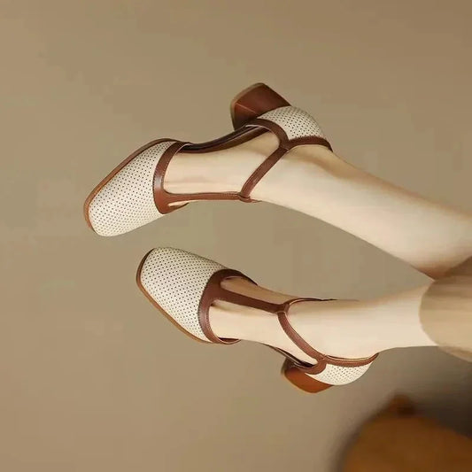 Women's perforated T-strap square-toe block-heel mid-heel pumps – Off-white