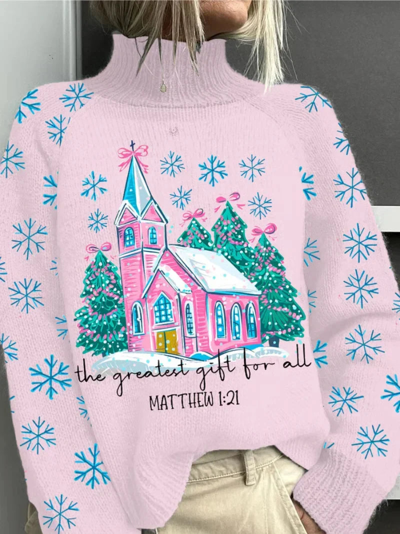 Women's Christmas graphic knit sweater with turtleneck long-sleeve – Pink