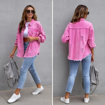 Women's distressed denim jacket with button-front and frayed hem