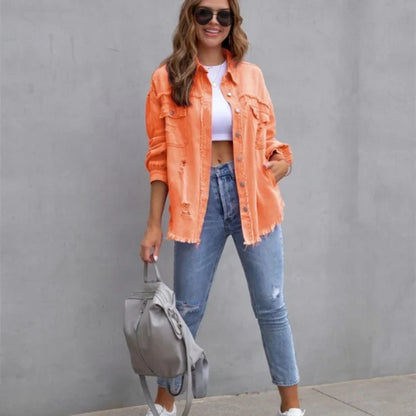 Women's distressed denim jacket with button-front and frayed hem