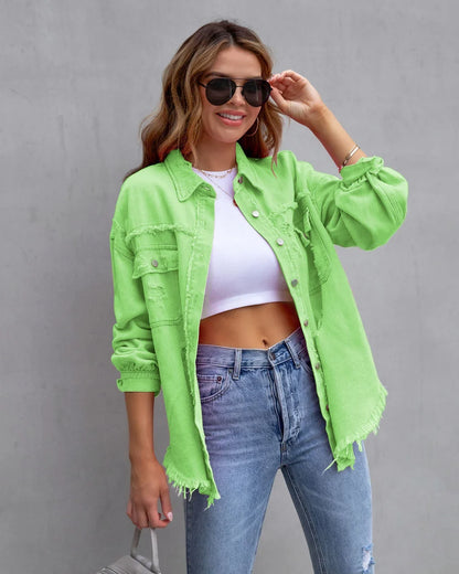 Women's distressed denim jacket with button-front and frayed hem – Light  Green (Almost sold out)