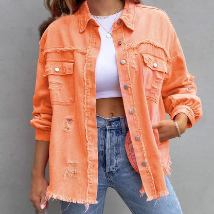 Women's distressed denim jacket with button-front and frayed hem – Orange (Almost sold out)