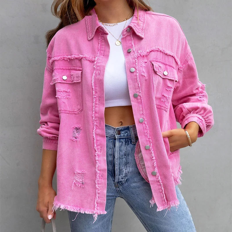 Women's distressed denim jacket with button-front and frayed hem – Pink (Almost sold out)
