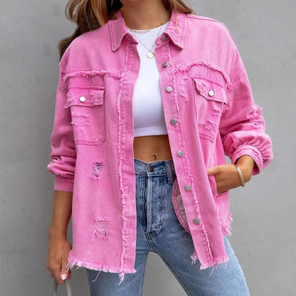 Women's distressed denim jacket with button-front and frayed hem – Pink (Almost sold out)