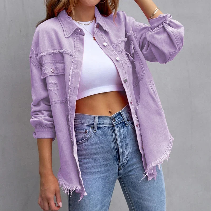 Women's distressed denim jacket with button-front and frayed hem – Purple