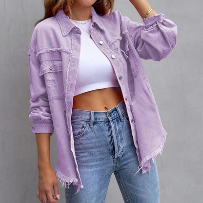 Women's distressed denim jacket with button-front and frayed hem – Purple