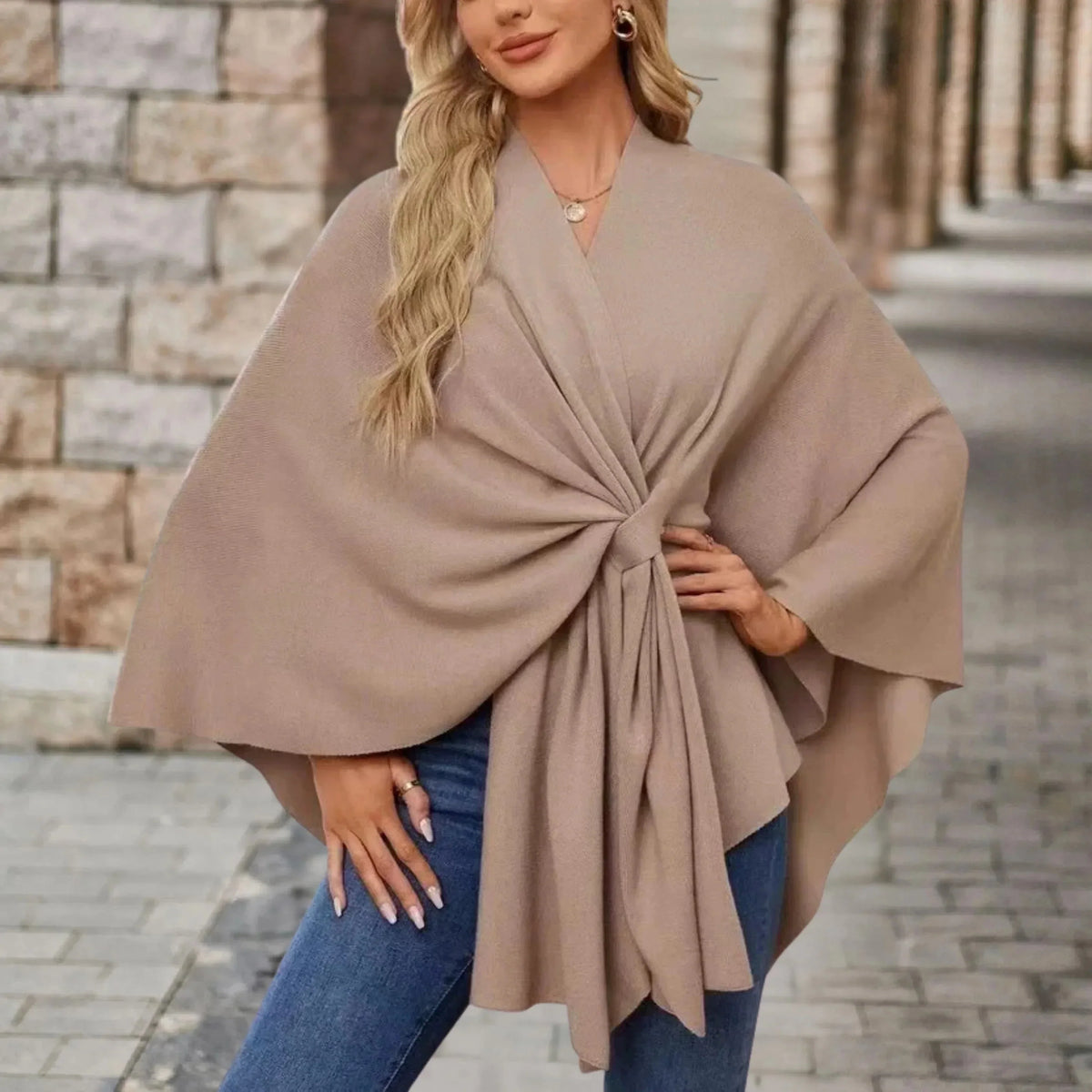 Women's knit draped cardigan with wrap-front and knotted design – Beige