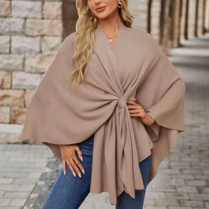 Women's knit draped cardigan with wrap-front and knotted design – Beige