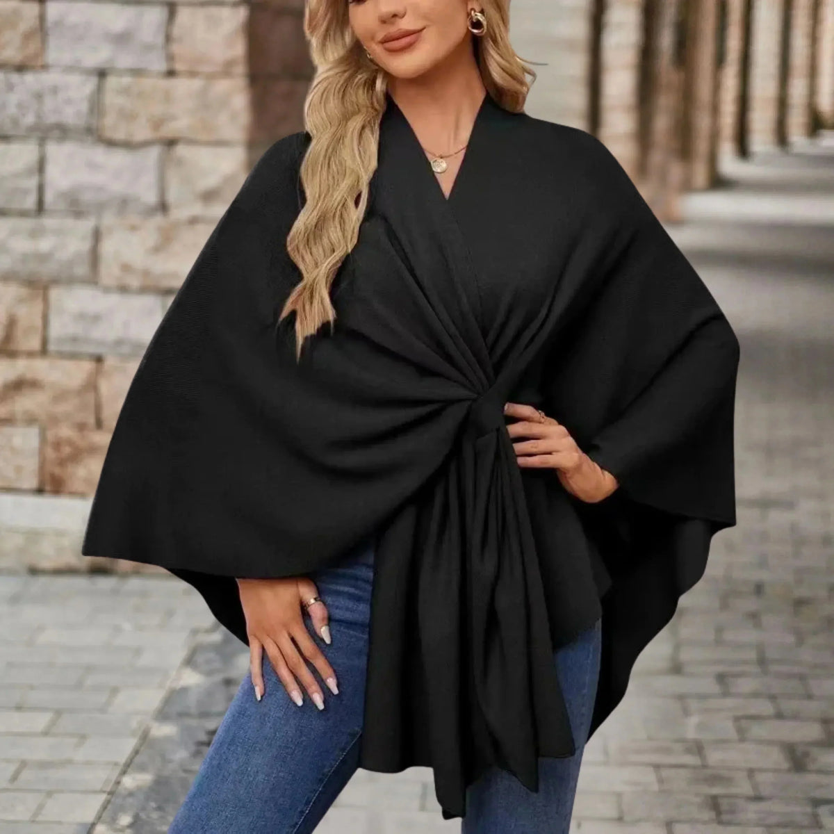Women's knit draped cardigan with wrap-front and knotted design – Black