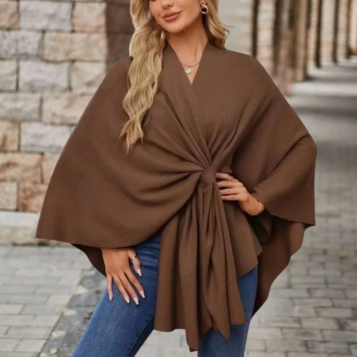Women's knit draped cardigan with wrap-front and knotted design – Brown