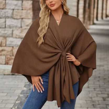Women's knit draped cardigan with wrap-front and knotted design – Brown