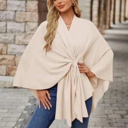 Women's knit draped cardigan with wrap-front and knotted design – Creme