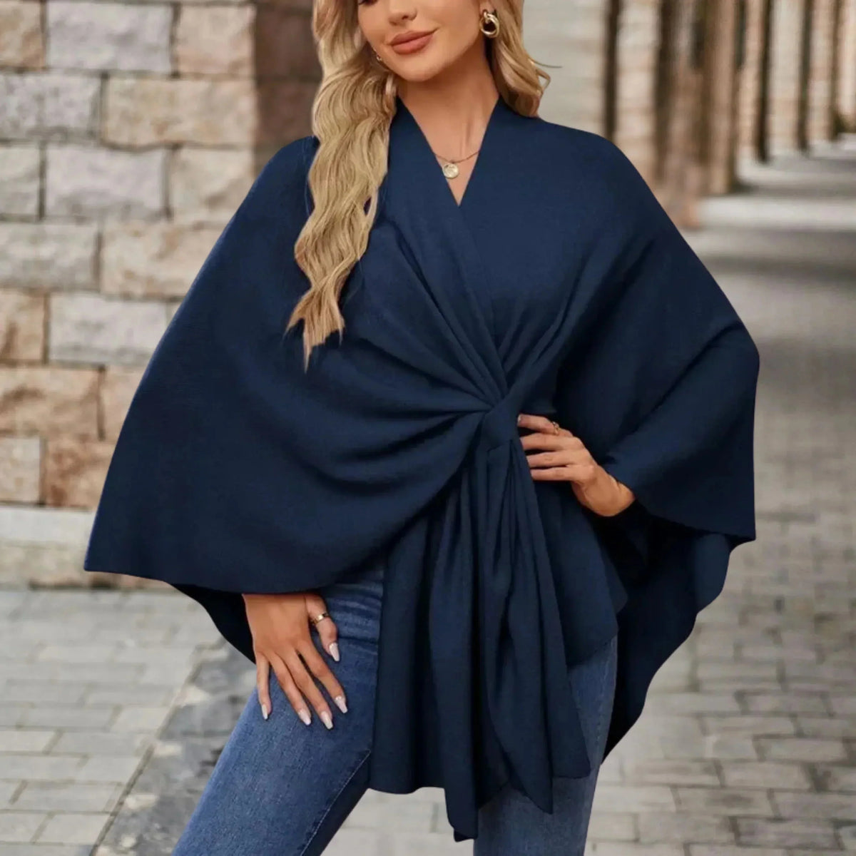 Women's knit draped cardigan with wrap-front and knotted design – Dark Blue