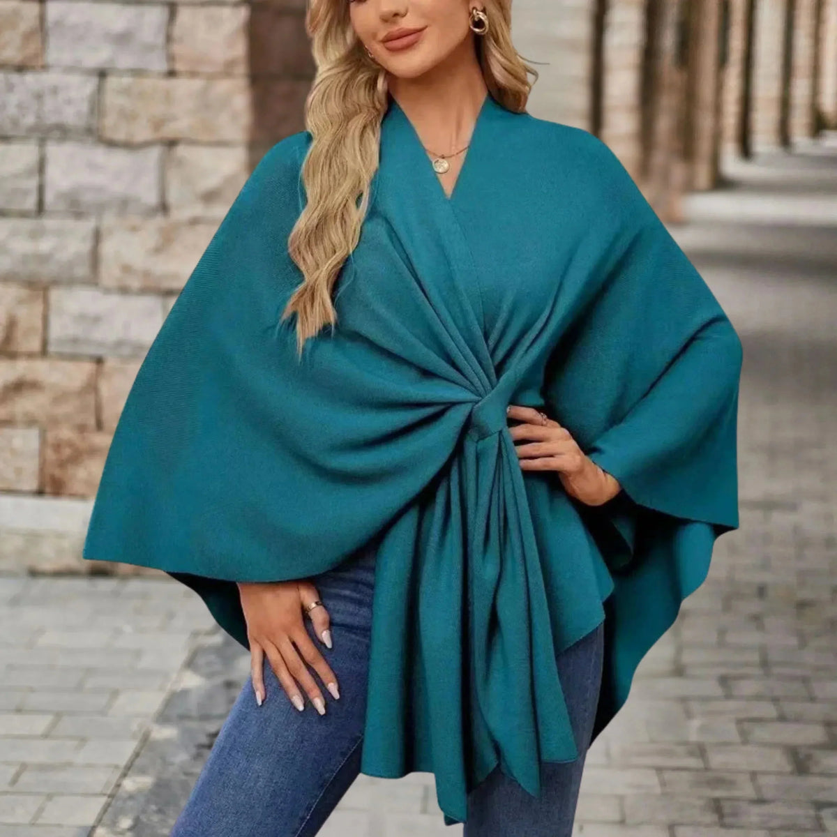 Women's knit draped cardigan with wrap-front and knotted design – Dark Green