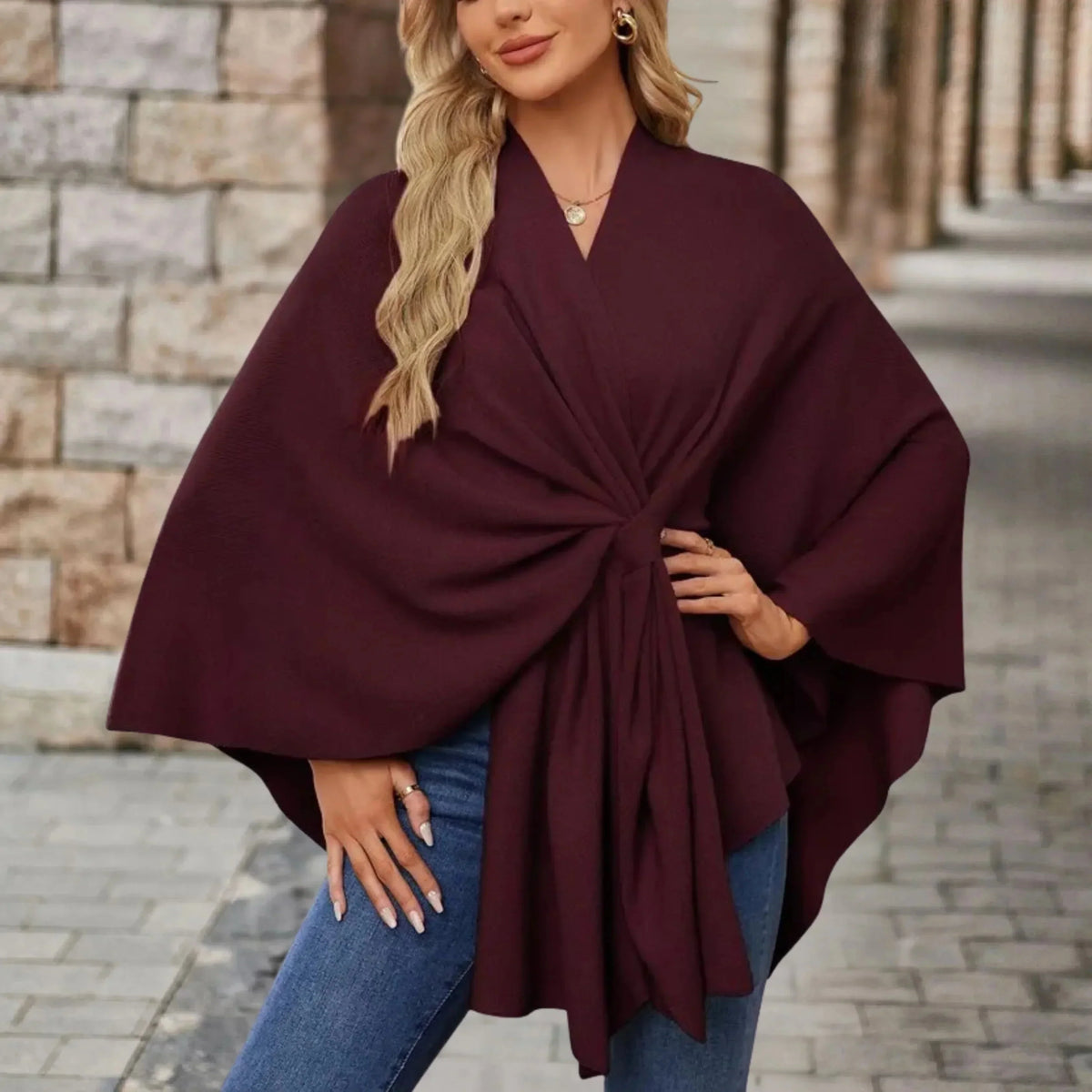 Women's knit draped cardigan with wrap-front and knotted design – Maroon