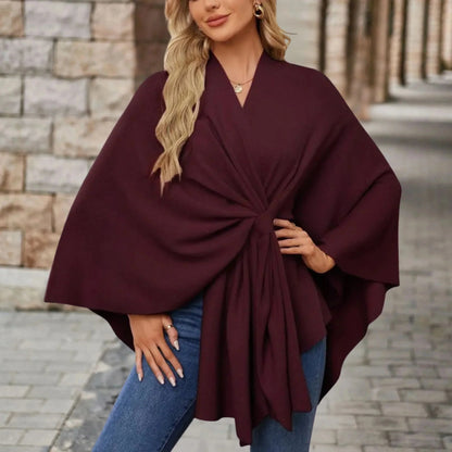 Women's knit draped cardigan with wrap-front and knotted design – Maroon