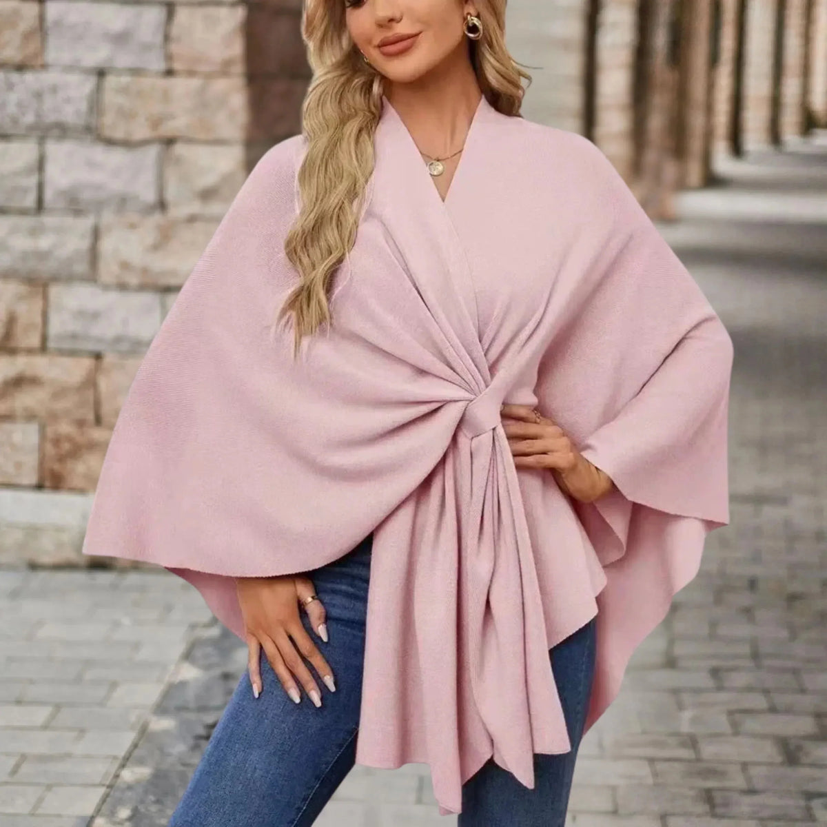 Women's knit draped cardigan with wrap-front and knotted design – Pink