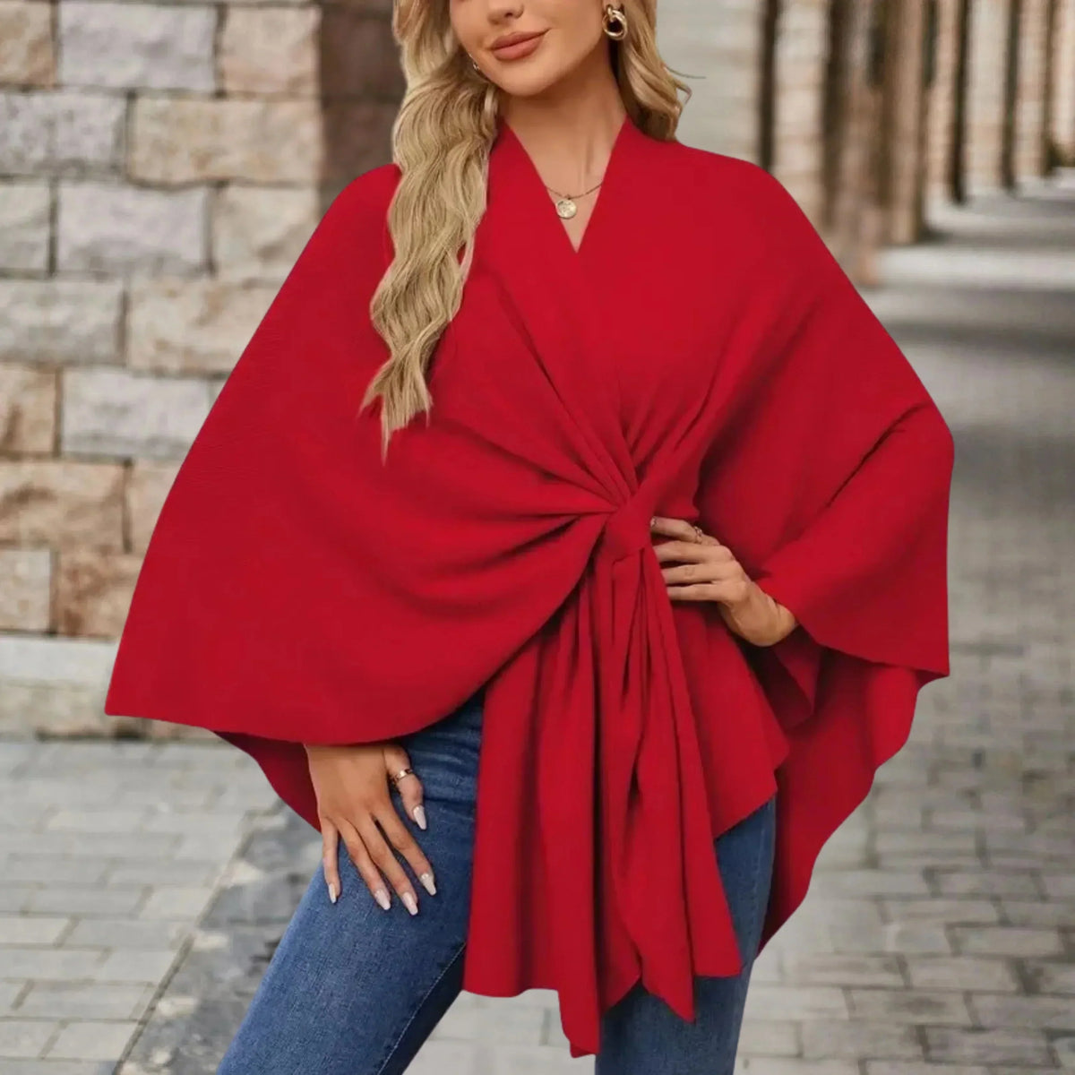 Women's knit draped cardigan with wrap-front and knotted design – Red