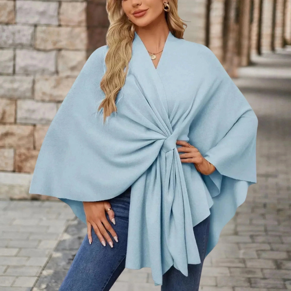 Women's knit draped cardigan with wrap-front and knotted design – Sky Blue