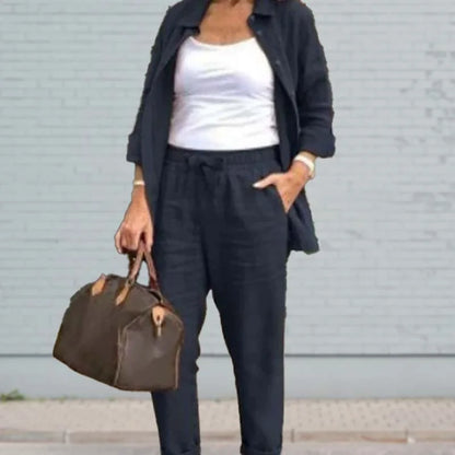 Women's linen denim jacket and drawstring pants set – Dark Blue