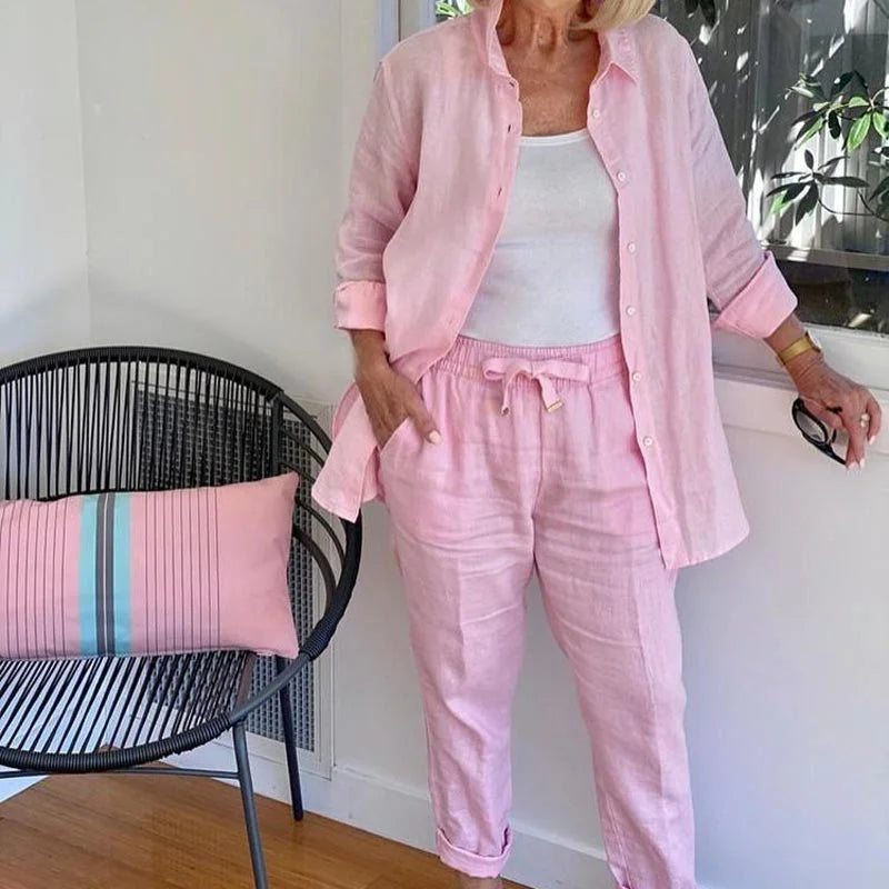 Women's linen denim jacket and drawstring pants set – Pink