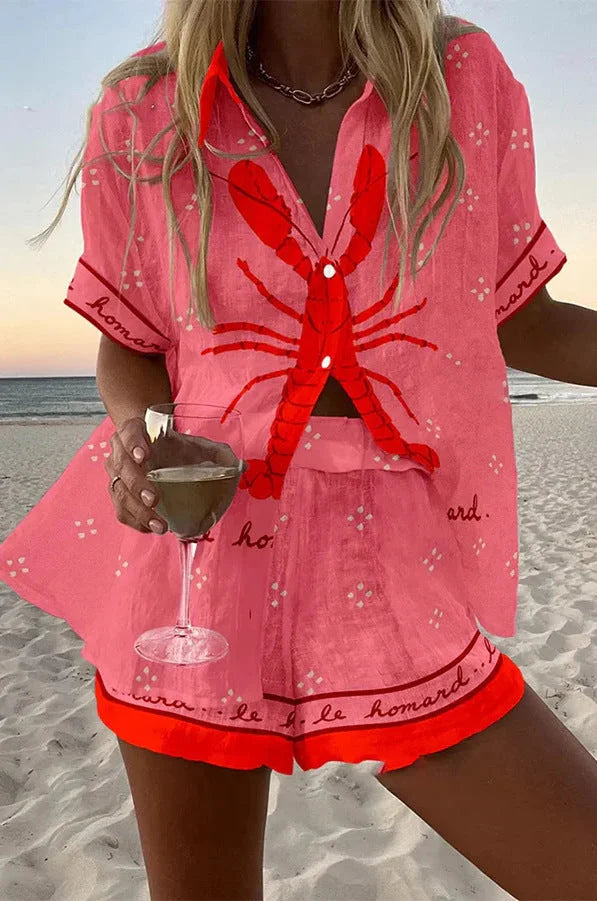 Women's lobster-print shorts set with collared button-front shirt – Pink