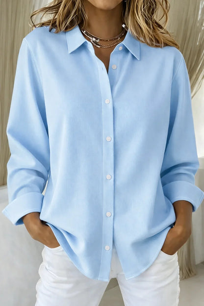 Women's long-sleeve collared blouse with button-front and contrast stitching – Blue
