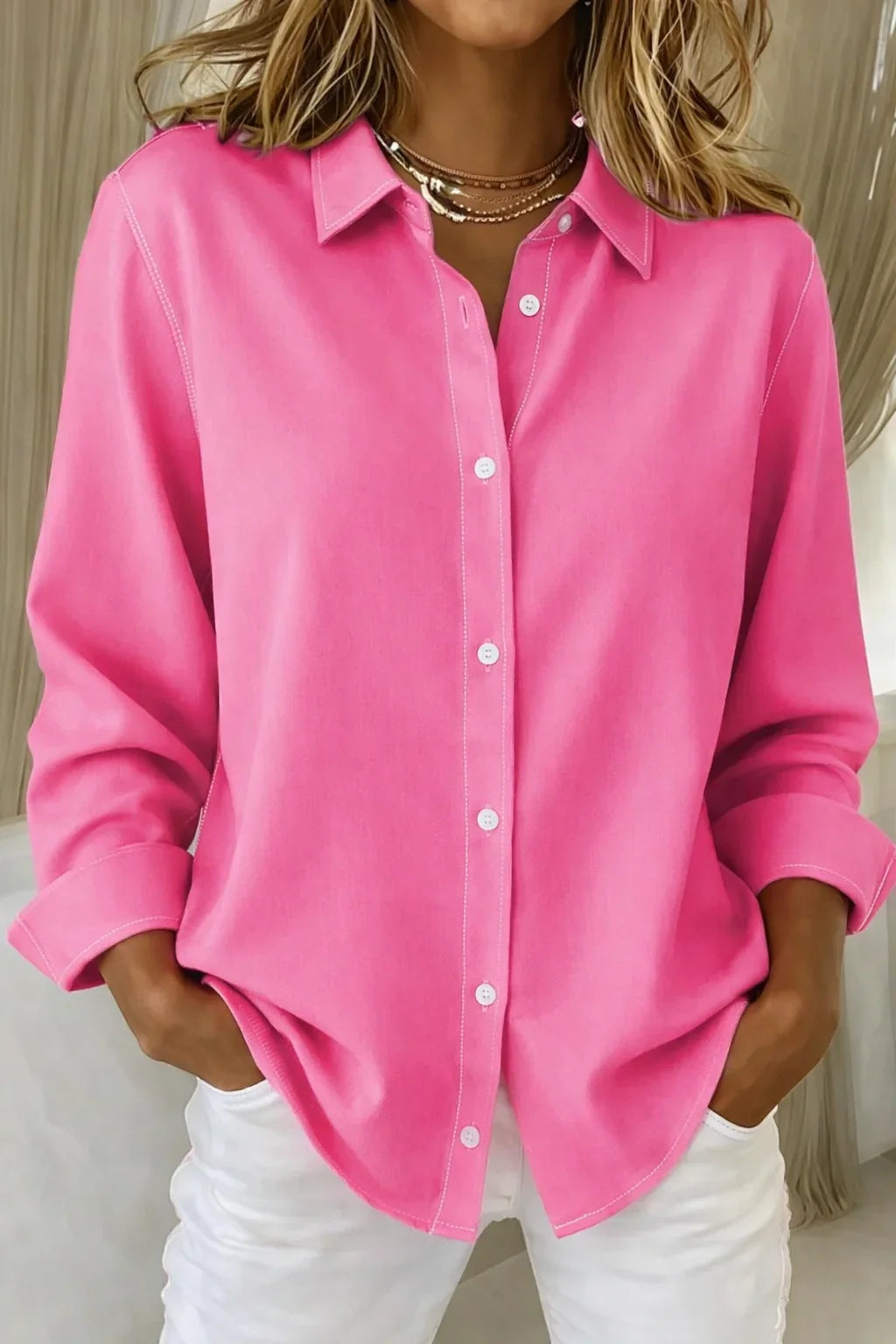 Women's long-sleeve collared blouse with button-front and contrast stitching – Fuchsia