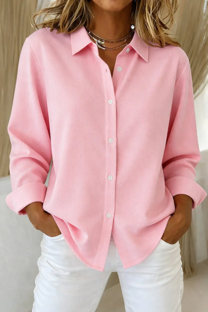 Women's long-sleeve collared blouse with button-front and contrast stitching – Pink