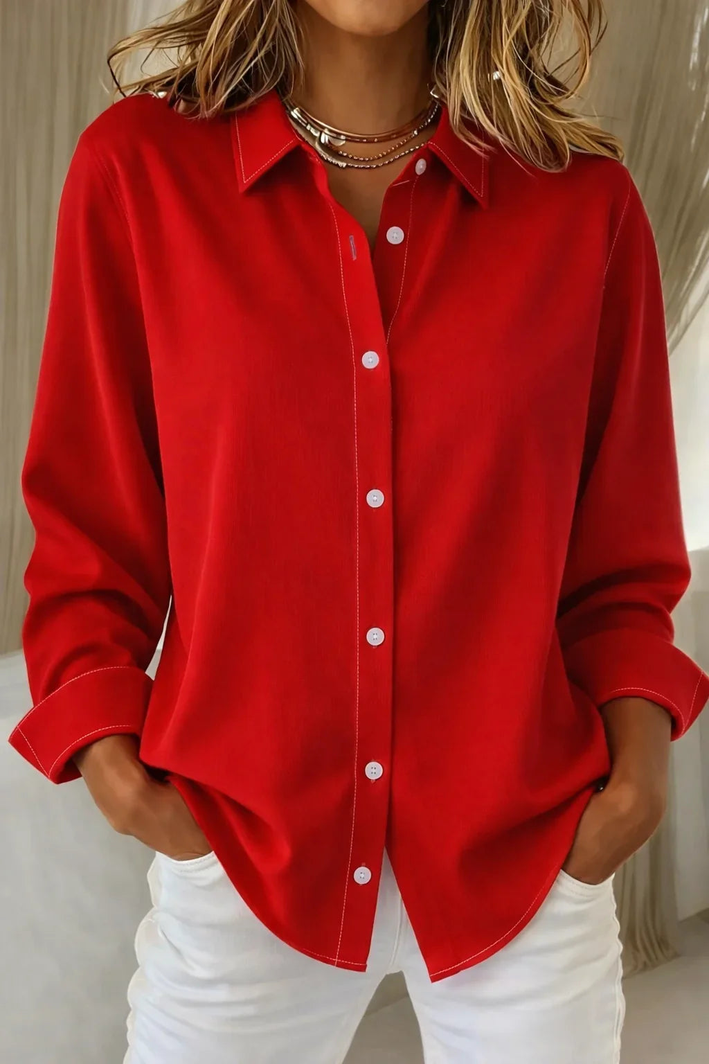 Women's long-sleeve collared blouse with button-front and contrast stitching – Red