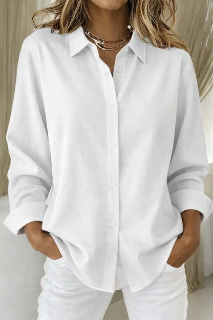 Women's long-sleeve collared blouse with button-front and contrast stitching – White