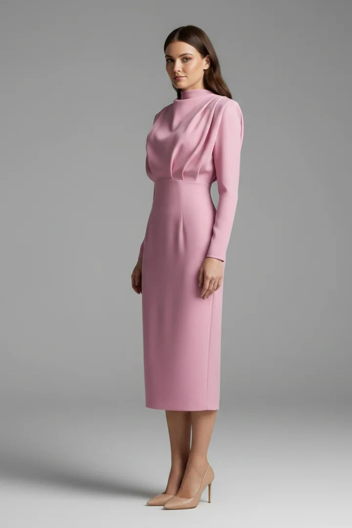 Women's maxi dress with long-sleeves, mock-neck and draped shoulders